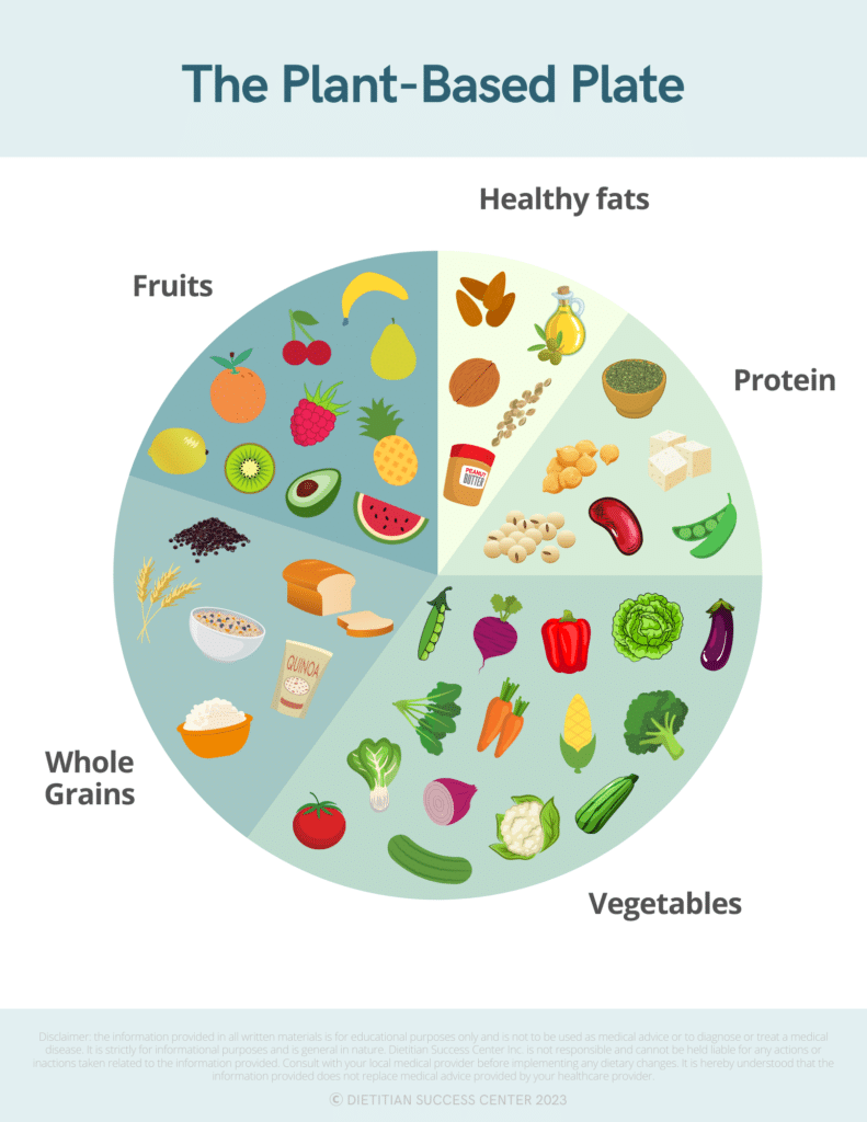 plant based plate illustration is a vegan plate method that includes fruits healthy fats protein whole grains and vegetables