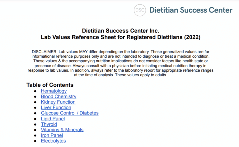 lab values reference sheet for dietitians