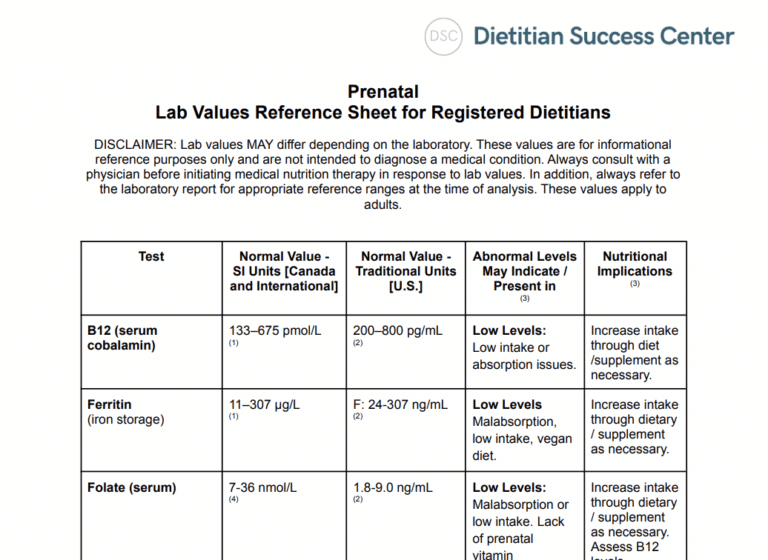 prenatal nutrition lab values reference sheet